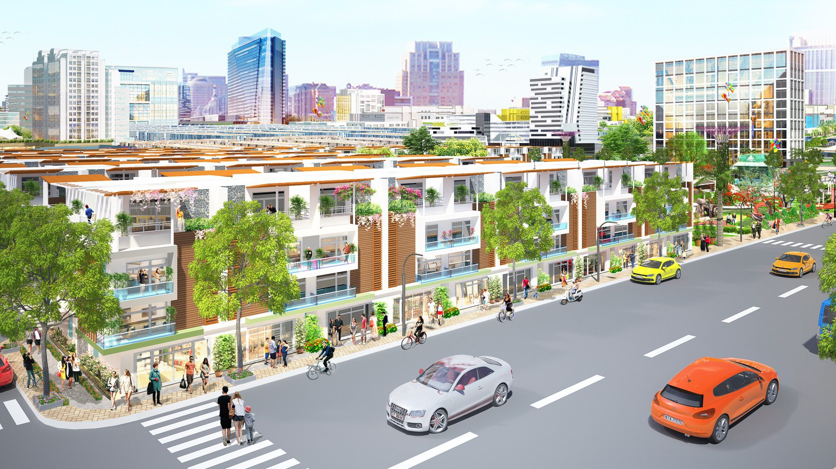 Phối cảnh một dãy phố thương mại sầm uất nằm trong dự án Eco Town Long Thành.