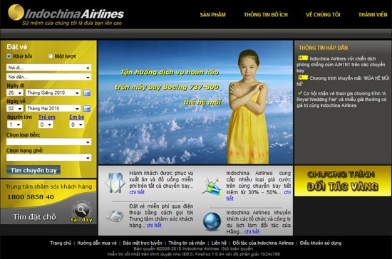 Website của Indochina Airlines.