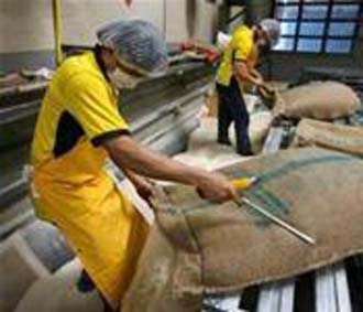 Gạo nhập khẩu được dỡ ra khỏi bao tải để tái đóng gói tại một nhà máy ở Singapore.