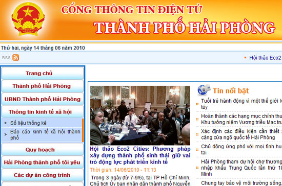 Một góc giao diện của Cổng thông tin điện tử Hải Phòng.
