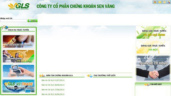 Trang web của Công ty Cổ phần Chứng khoán Sen Vàng (GLS).