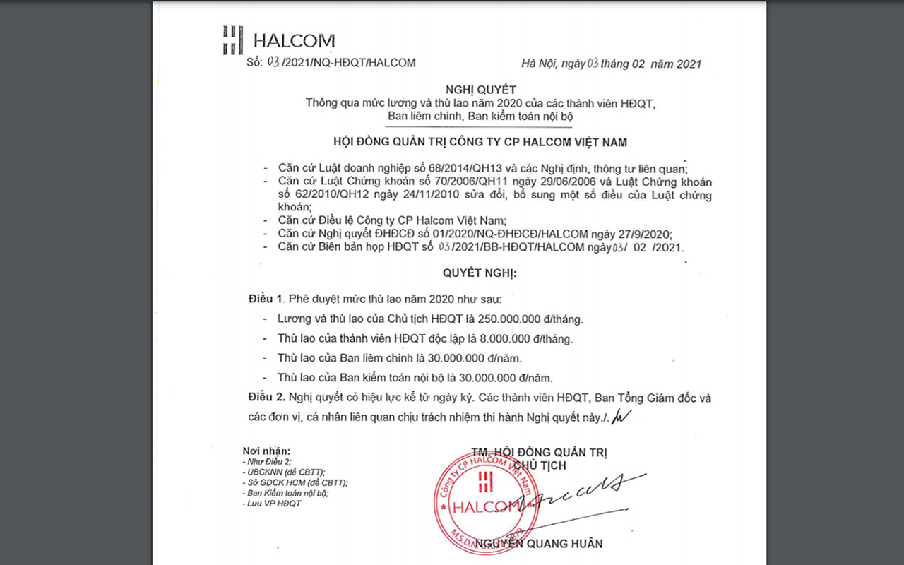 Nghị quyết thông qua lương, thưởng, thù lao năm 2020 của Halcom.