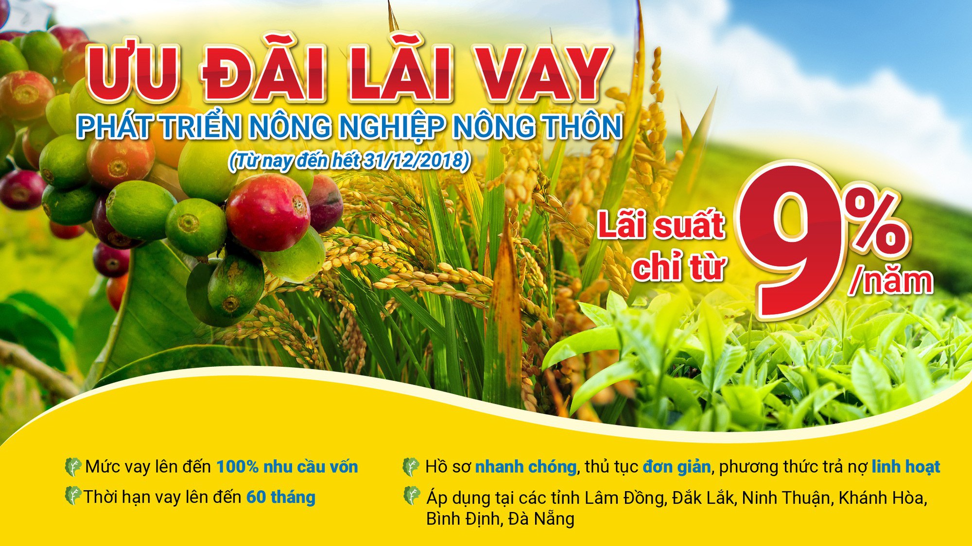 Chính sách ưu đãi này đặc biệt này được Nam A Bank áp dụng đối với người dân tại các tỉnh Lâm Đồng, Đak Lak, Ninh Thuận, Khánh Hòa, Bình Định và thành phố Đà Nẵng.