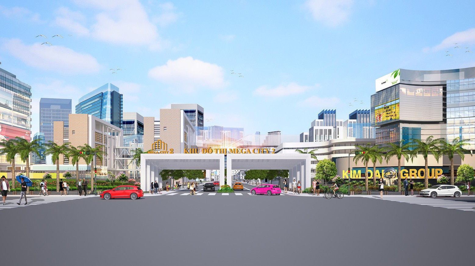 Phối cảnh cổng vào khu đô thị Mega City 2 nằm trên mặt tiền đường 25C.