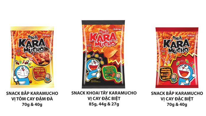 3 dòng sản phẩm chính: Snack khoai tây Karamucho vị cay đặc biệt, Snack bắp Karamucho vị cay đặc biệt, và Snack bắp Karamucho vị tôm cay đậm đà.