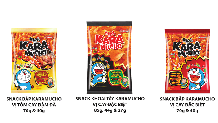 3 dòng sản phẩm chính: Snack khoai tây Karamucho vị cay đặc biệt, Snack bắp Karamucho vị cay đặc biệt, và Snack bắp Karamucho vị tôm cay đậm đà.