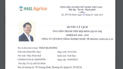 Sơ yếu lý lịch của  ông Trần Bá Dương - Chủ tịch THACO - ứng cử vị trí thành viên Hội đồng quản trị HAGL Agrico.