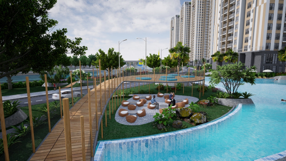 Mặt nước và cây xanh là yếu tố được đặc biệt chú trọng đầu tư trong dự án để tạo nên cảnh quan thiên nhiên trong xanh kết nối các tiện ích nội khu.