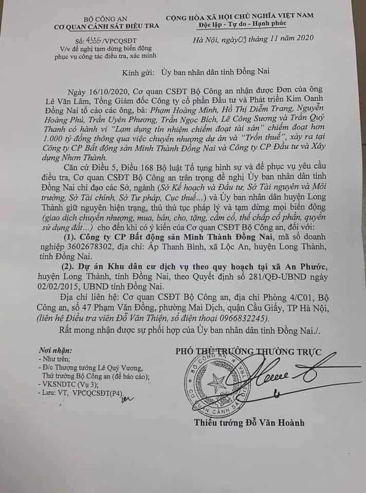 Văn bản do Cơ quan Cảnh sát điều tra Bộ Công an gửi UBND tỉnh Đồng Nai ký ngày 9/11/2020.