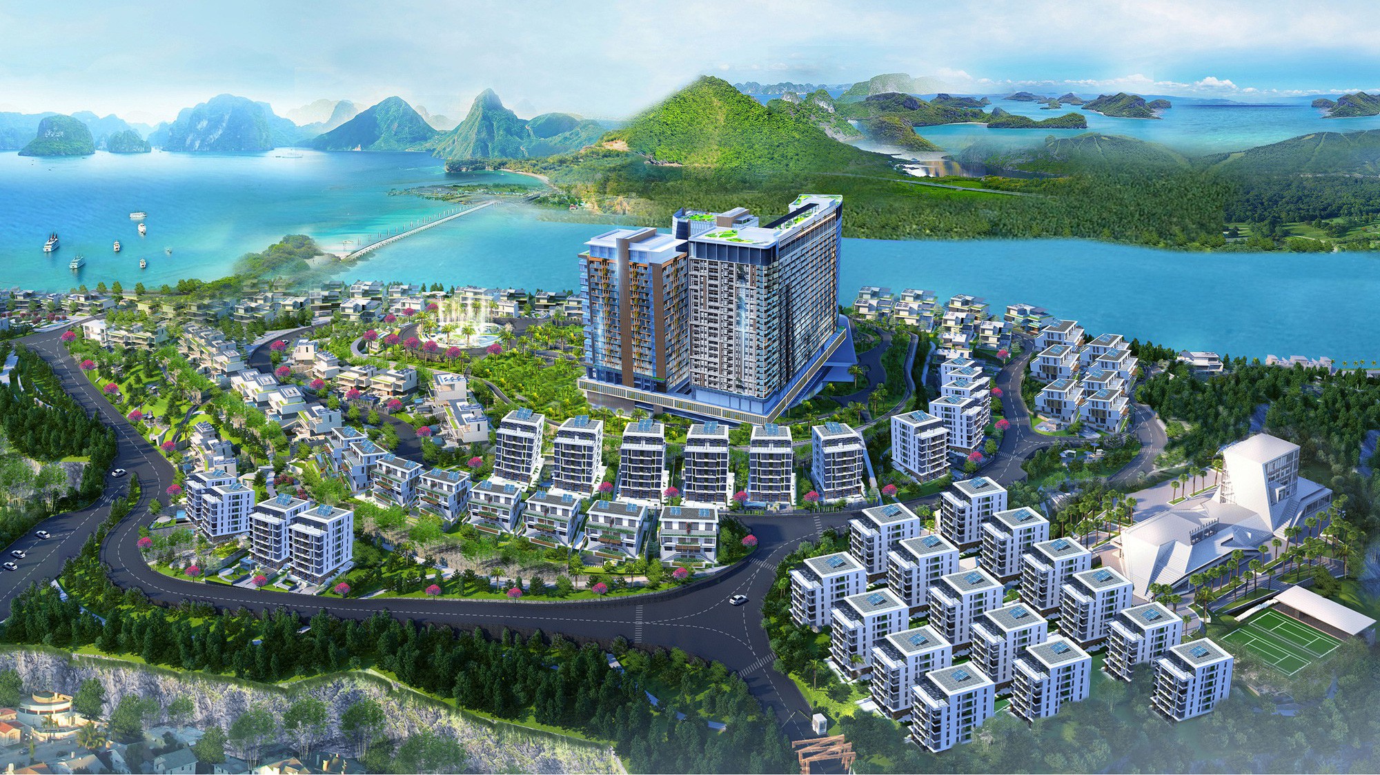 Green Pine Villas được xây dựng trên đồi cao, tầm nhìn hướng vịnh.