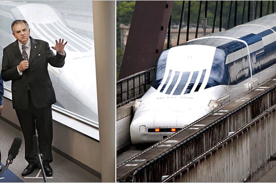 Bộ trưởng Bộ Giao thông Mỹ Ray LaHood trong một chuyến chạy thử nghiệm tàu đệm từ MLX01 ở Nhật. Đây là con tàu có tốc độ cao nhất thế giới hiện nay, lên tới trên 500 km/h - Ảnh: AP/NYT.