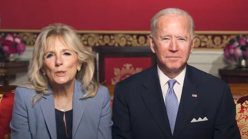 Ảnh chụp màn hình video chúc mừng năm mới Tân Sửu của Tổng thống Mỹ Joe Biden và Đệ nhất phu nhân Jill Biden.