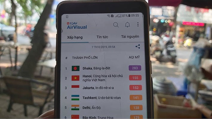Sáng nay (7/10, tại thời điểm 9h55') là một trong những ngày "may mắn" Hà Nôi không đứng vị trí số 1 các thành phố ô nhiễm nhất thế giới trên ứng dụng AirVisual - Ảnh: T.Diệu.