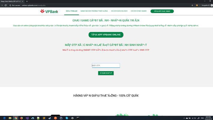Trang web giả mạo dụ người dùng nhập mã OTP - Nguồn ảnh: CyRadar.