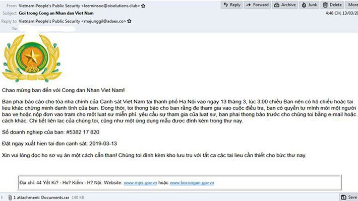 Hình ảnh tệp tin chứa mã độc tống tiền GandCrab 5.2  được phát tán qua thư điện tử giả mạo Bộ Công an - Nguồn: VNCERT.