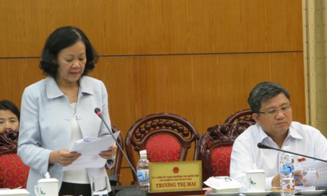 Chủ nhiệm Ủy ban Về các vấn đề xã hội Trượng Thị Mai trình bày báo cáo trẩm tra dự án Luật Việc làm - Ảnh: NN.
