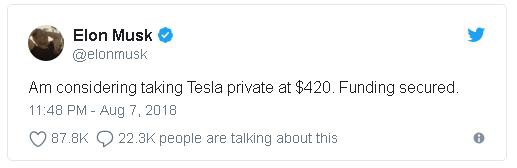 Dòng tweet nói về việc đưa Tesla thành công ty tư nhân của Musk - Ảnh: Chụp màn hình