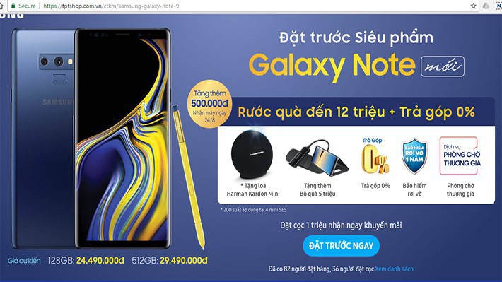 Giá bán dự kiến của Galaxy Note 9 được niêm yết trên hệ thống FPT Shop.