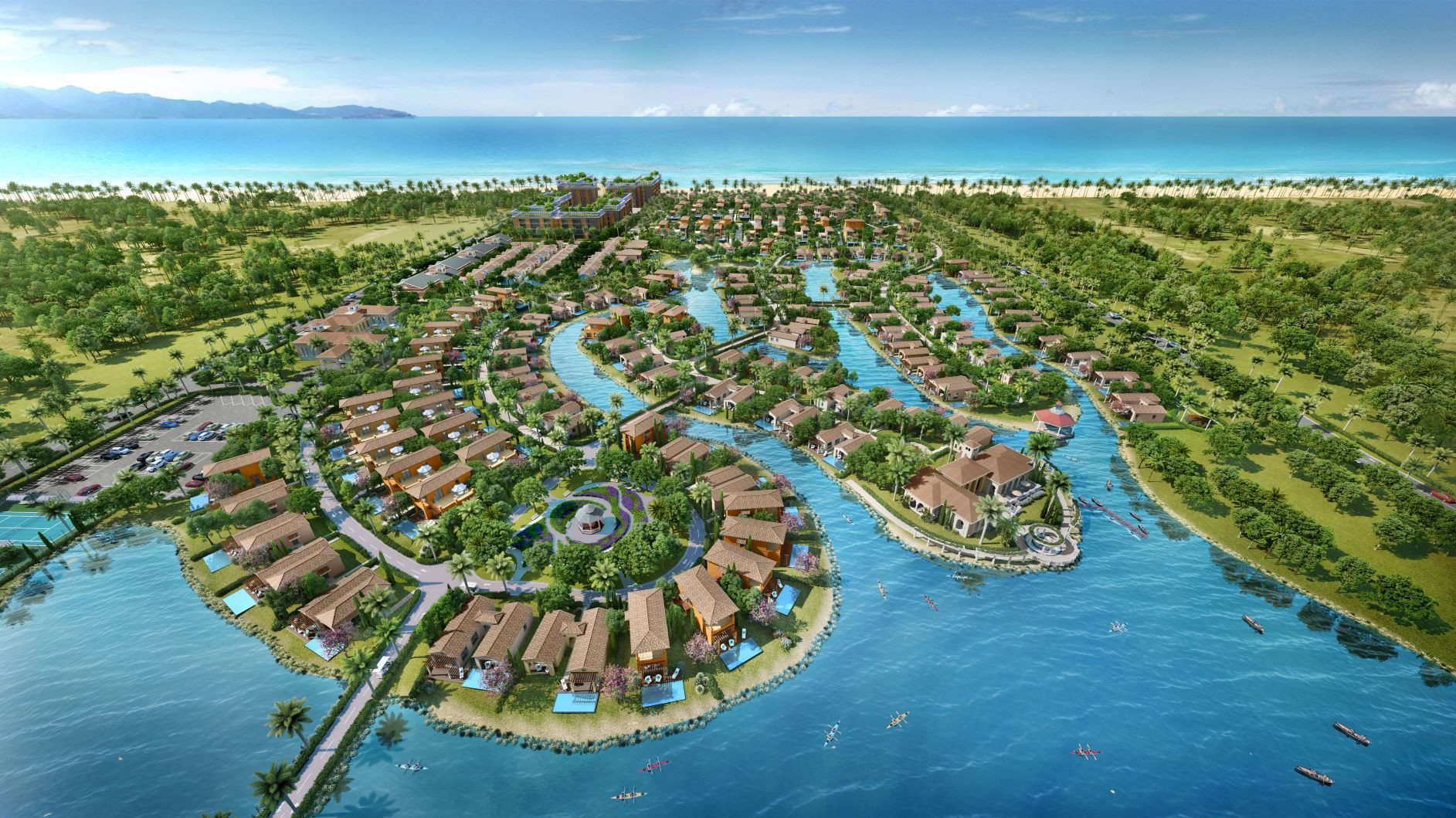 NovaBeach Cam Ranh với dãy biệt thự bao quanh bờ biển trải dài. 