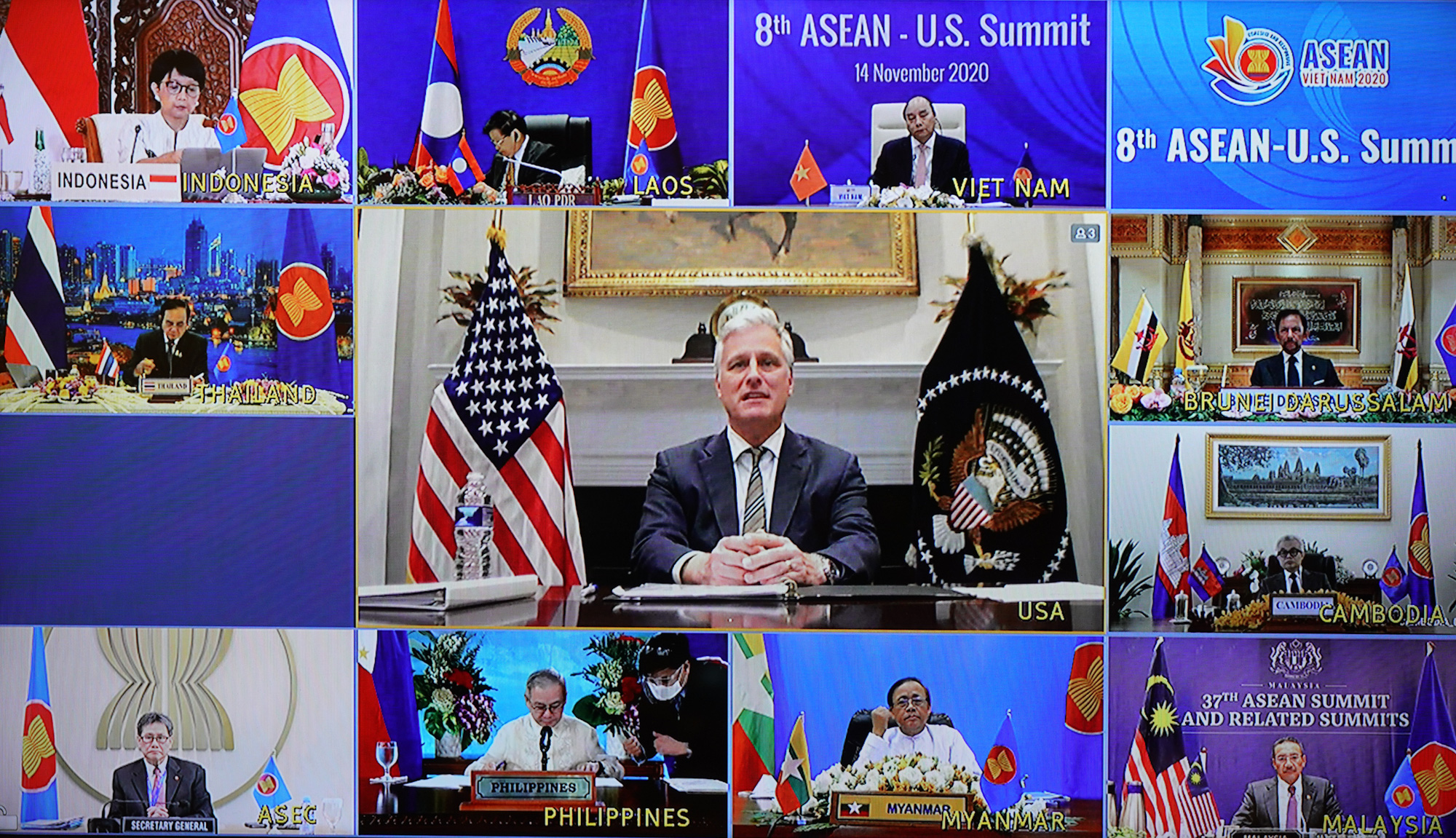 Lãnh đạo các nước ASEAN và Cố vấn an ninh quốc gia Mỹ Robert O'Brien tham dự Hội nghị Cấp cao ASEAN - Mỹ lần thứ thứ 8 - Ảnh: VGP