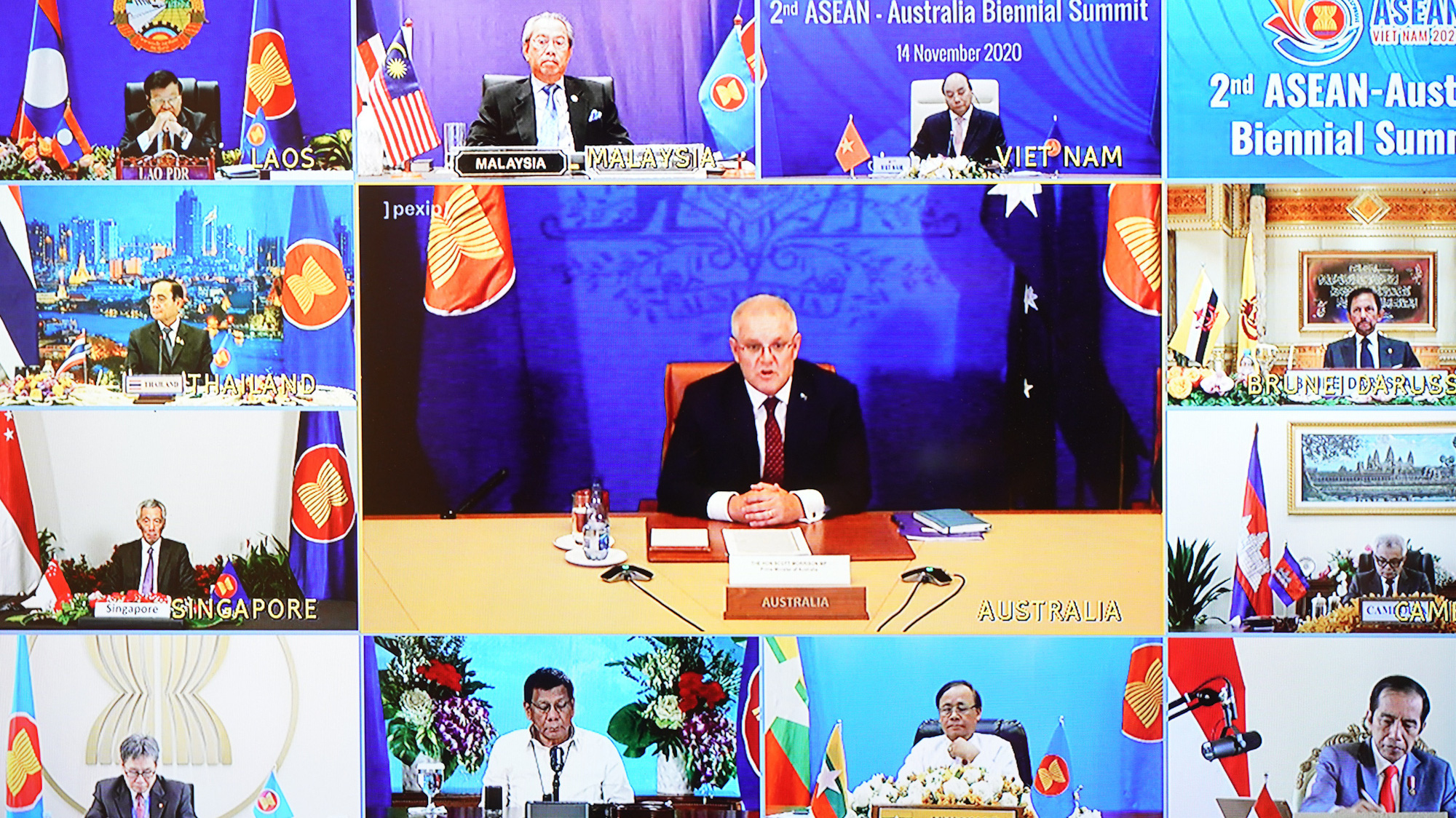 Thủ tướng Australia Scott Morrison cùng lãnh đạo các nước ASEAN tham dự hội nghị ngày 14/11 - Ảnh: VGP