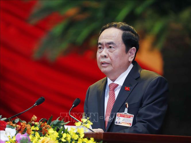 Đồng chí Trần Thanh Mẫn, Bí thư Trung ương Đảng, Chủ tịch Ủy ban Trung ương Mặt trận Tổ quốc Việt Nam tham luận tại Đại hội.