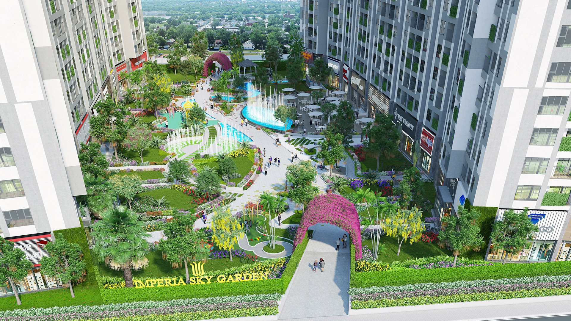 Nằm ngay trên trục đường Minh Khai huyết mạch, Imperia Sky Garden được ví như một "thiên đường xanh" với mật độ xây dựng rất thấp cùng những thiết kế độc đáo về cảnh quan, cây xanh và mặt nước. 