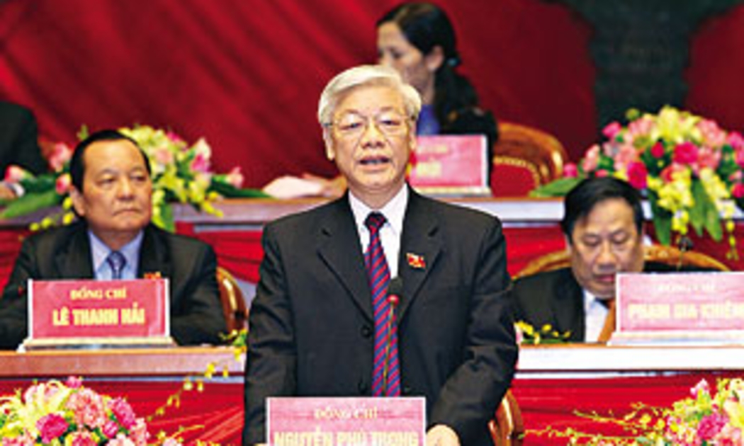 Ông Nguyễn Phú Trọng, Ủy viên Bộ Chính trị, Chủ tịch Quốc hội thay mặt đoàn chủ tịch điều hành phiên thảo luận tại hội trường chiều 13/1 - Ảnh: TTXVN.
