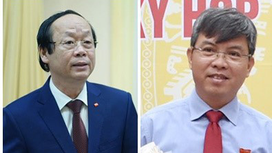 Thứ trưởng Bộ Tài nguyên và Môi trường Võ Tuấn Nhân (bên trái) và Phó chủ tịch UBND tỉnh Kiên Giang Nguyễn Lưu Trung.