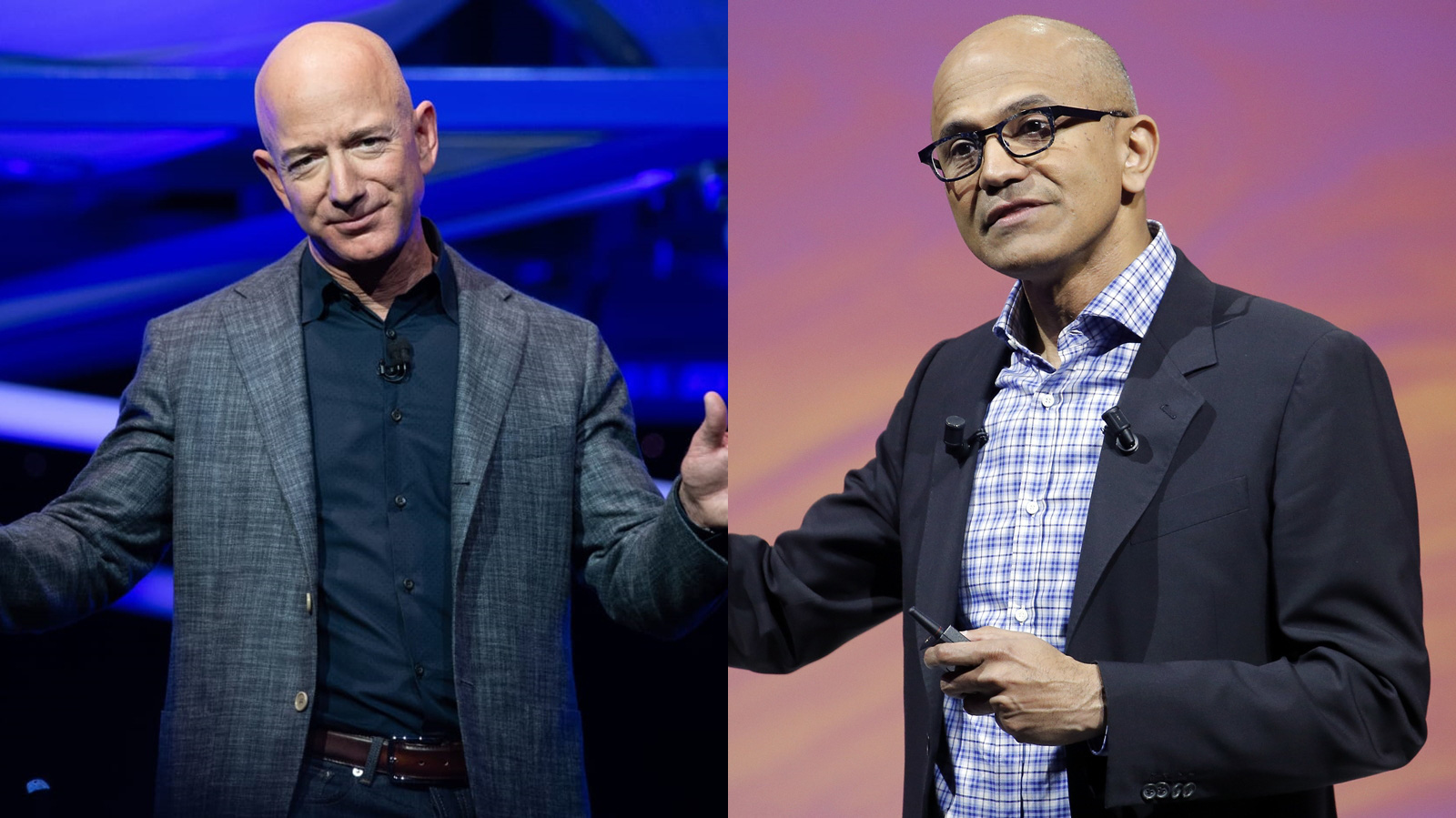 CEO của Amazon, Jeff Bezos (ảnh trái) và  CEO Microsoft Satya Nadella - Ảnh: AP/Getty Images.