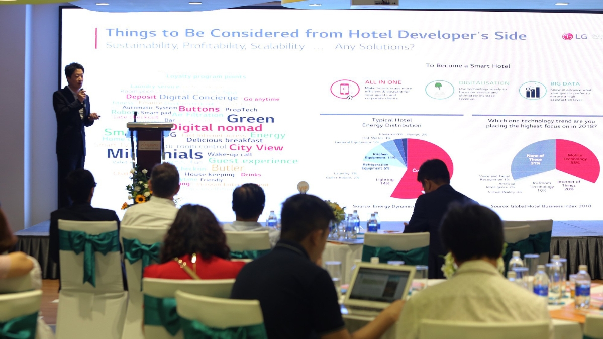 Ông Huyn Jun Choi, Giám Đốc Cấp cao LG Electronics chia sẽ các giải pháp công nghệ và Big Data cho một khách sạn thông minh.