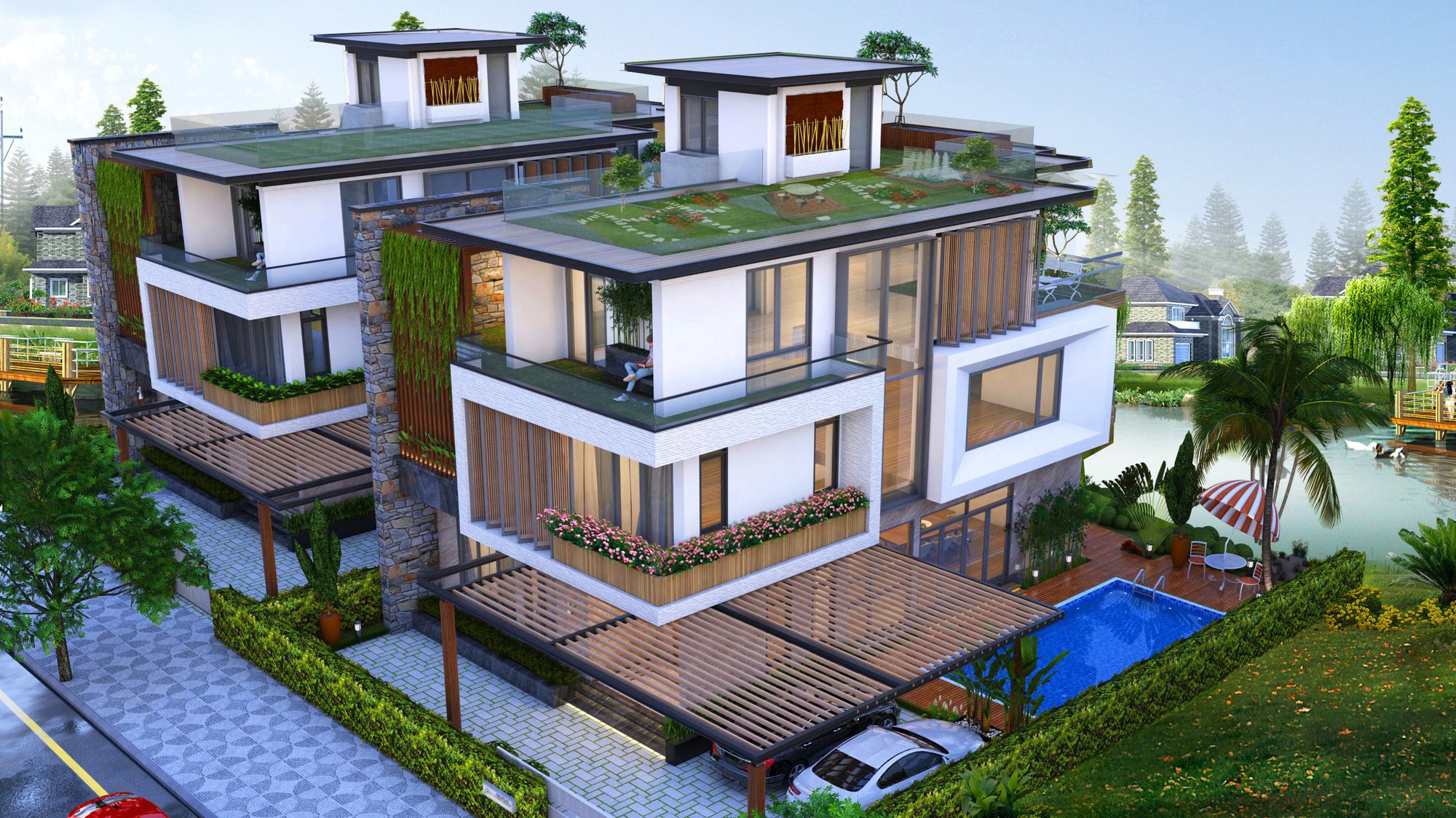 Điểm nhấn của Phú Cát City là hơn 300 căn biệt thự sinh thái nằm dọc những đại lộ cây xanh hoặc ven dòng suối tự nhiên.