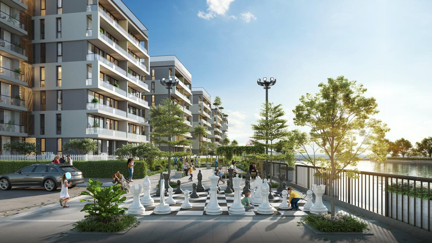 Phối cảnh quảng trường bàn cờ vua khổng lồ 200m2 sát bờ sông.
