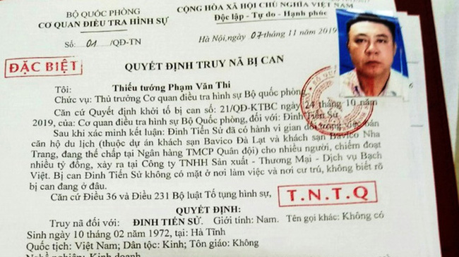 Đối tượng Đinh Tiến Sử bị cơ quan điều tra Bộ Quốc phòng truy nã.