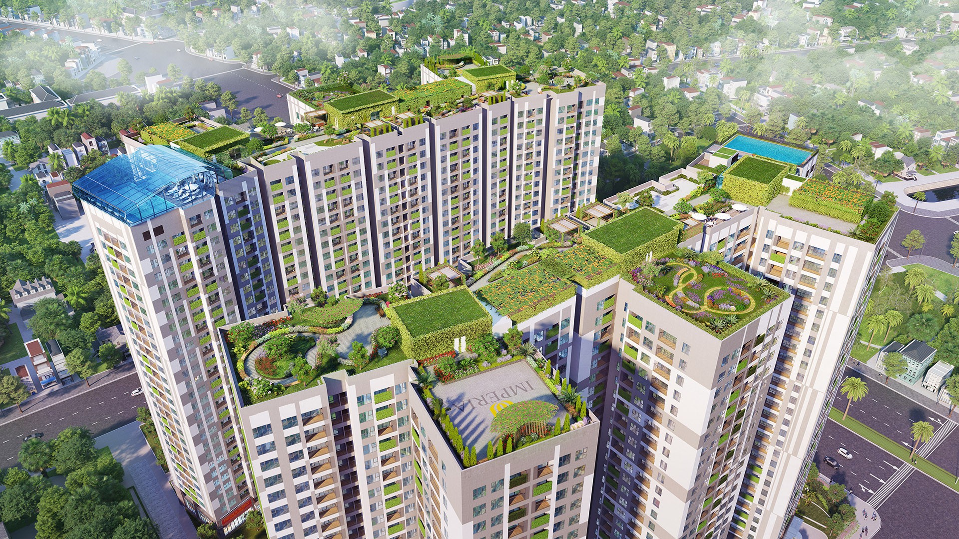 Chủ đầu tư đã cho thiết kế Vườn chân mây tại Imperia Sky Garden như những khoảng xanh giữa lưng chừng trời, lãng mạn, bình yên và đầy mê đắm. 