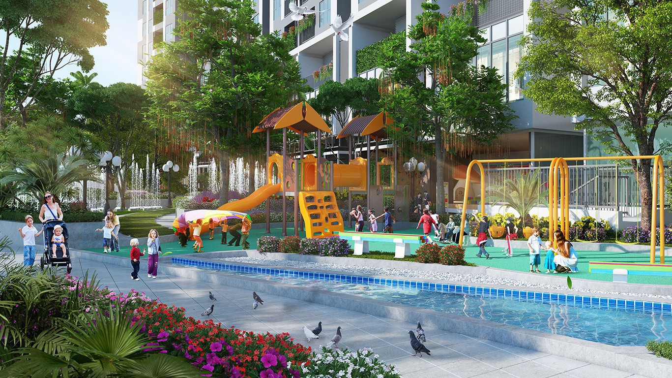 Khuôn viên vui chơi của Imperia Sky Garden, được bố trí xây dựng trên diện tích rộng rãi có cây xanh và mặt nước. Những thiết bị vui chơi màu sắc, thiết kế nhiều vị trí, hình dáng để trẻ thoải mái vận động. 