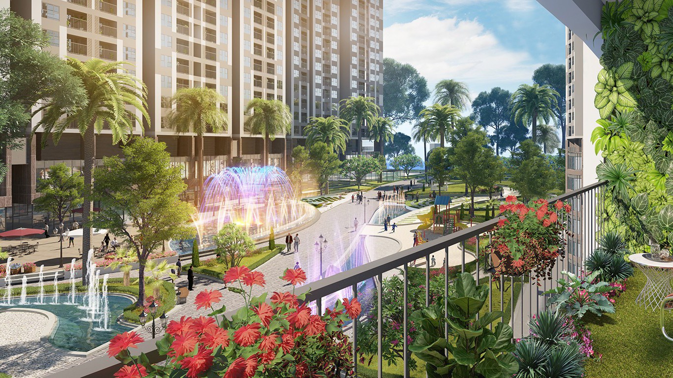 Tại Imperia Sky Garden, cư dân sẽ có một không gian sống thoáng đãng, có vườn cây và nhạc nước giữa các toà nhà, vườn trên mái.