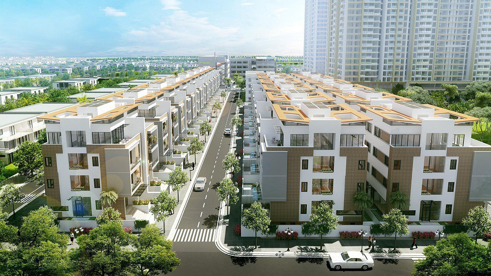 Vác căn Shop villa được xây dựng trong không gian tràn ngập màu xanh, với mặt tiền đường được lát đá như những con phố châu Âu.