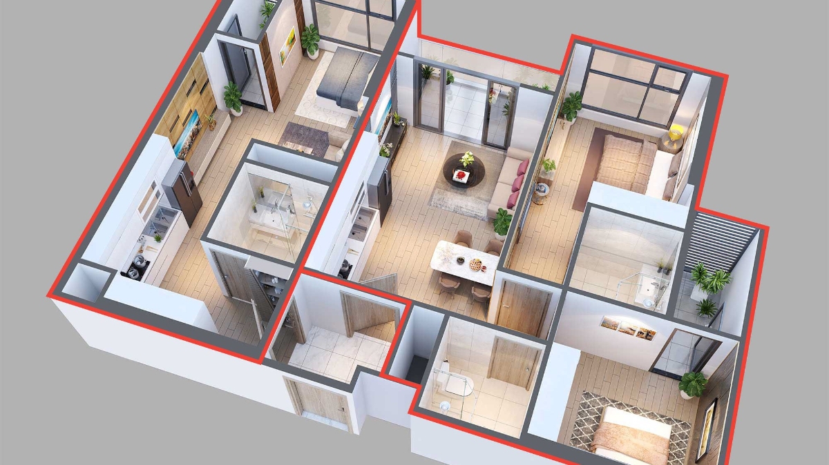Phối cảnh căn hộ văn phòng hai chìa khóa Vinhomes West Point với 2+1 phòng ngủ.