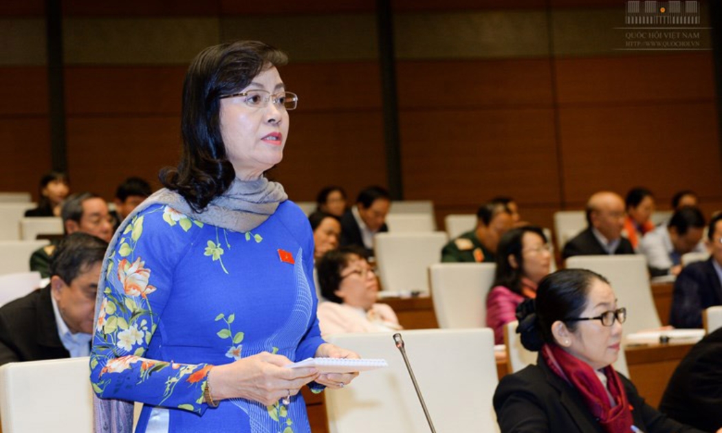 Đai biểu Nguyễn Thị Quyết Tâm phát biểu về báo cáo tổng kết nhiệm kỳ của Chính phủ.