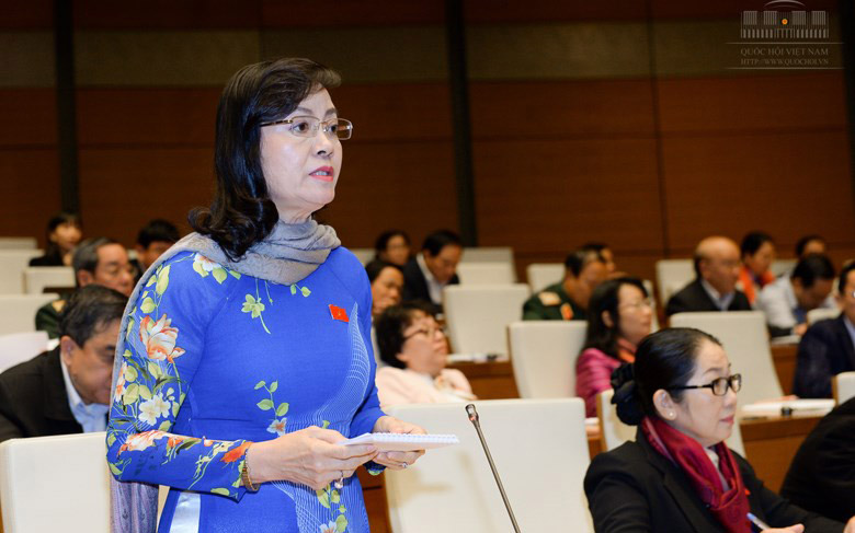 Đai biểu Nguyễn Thị Quyết Tâm phát biểu về báo cáo tổng kết nhiệm kỳ của Chính phủ.