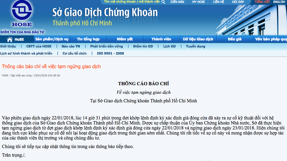 Thông báo mới nhất trên website của Sở Giao dịch Chứng khoán Tp.HCM (HOSE) - Ảnh chụp màn hình. 