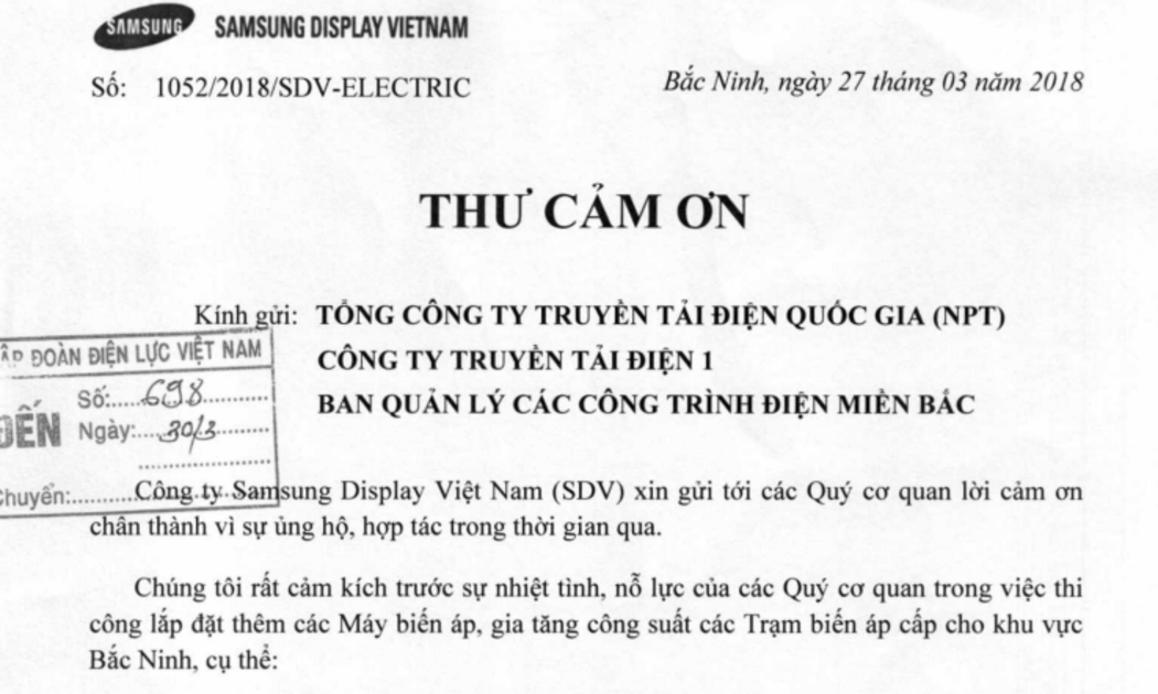 Thư cảm ơn của Tập đoàn Samsung trong việc hợp tác cung cấp điện năng.