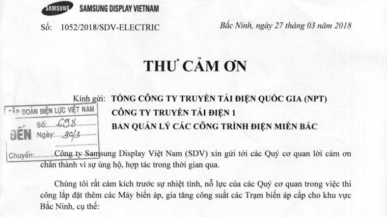 Thư cảm ơn của Tập đoàn Samsung trong việc hợp tác cung cấp điện năng. 