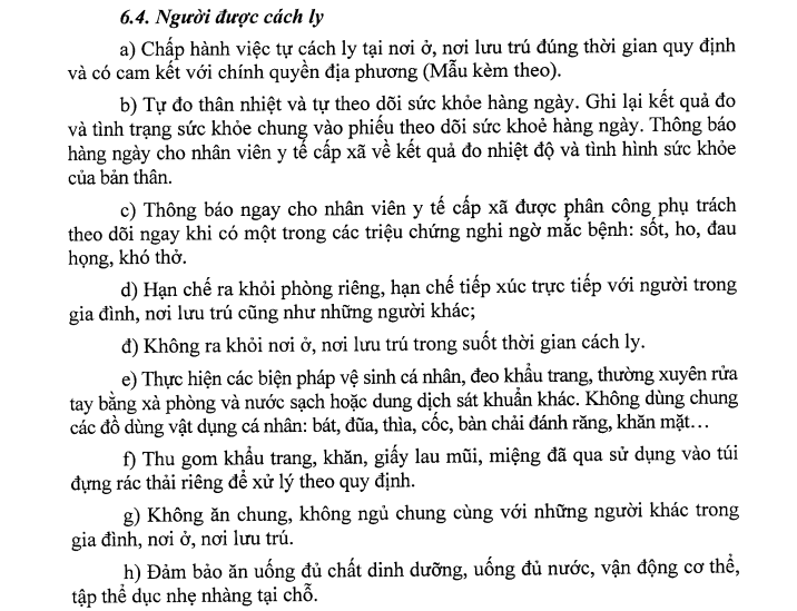 Quy định cách ly  tại nhà của Bộ Y tế.