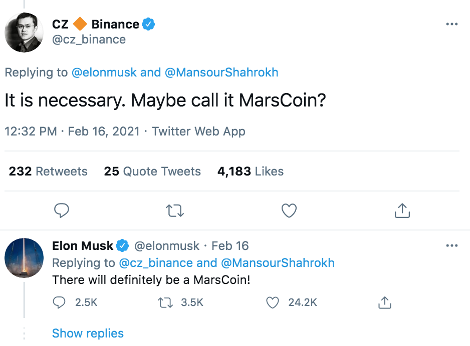 Đoạn trao đổi giữa Elon Musk và CEO sàn tiền ảo Binance trên Twitter - Ảnh chụp màn hình