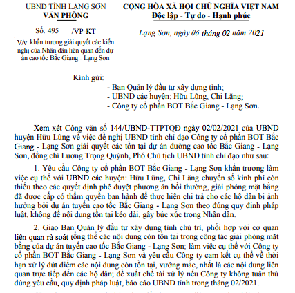 Đề xuất chế tài xử lý nếu Công ty không tuân thủ đúng yêu cầu, quy định pháp luật, báo cáo UBND tỉnh Lạng Sơn trong tháng 2/2021.