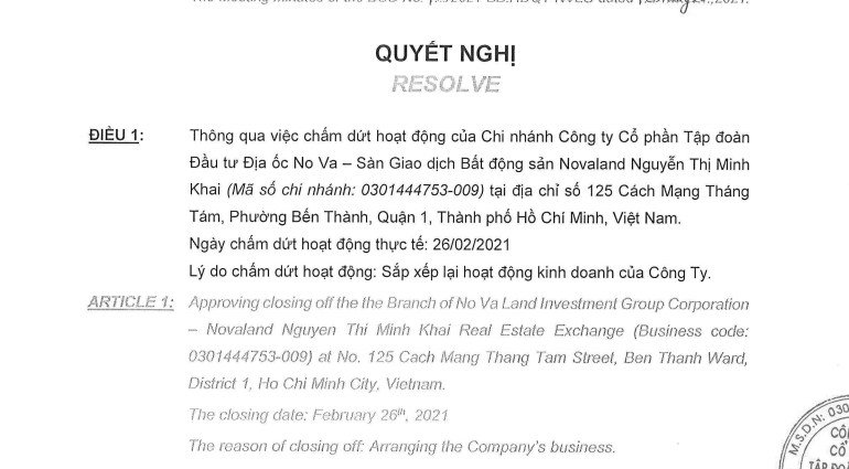 Novaland đã phải đóng cửa hoạt động Sàn Giao dịch Novaland chi nhánh Nguyễn Thị Minh Khai sau ba năm hoạt động.