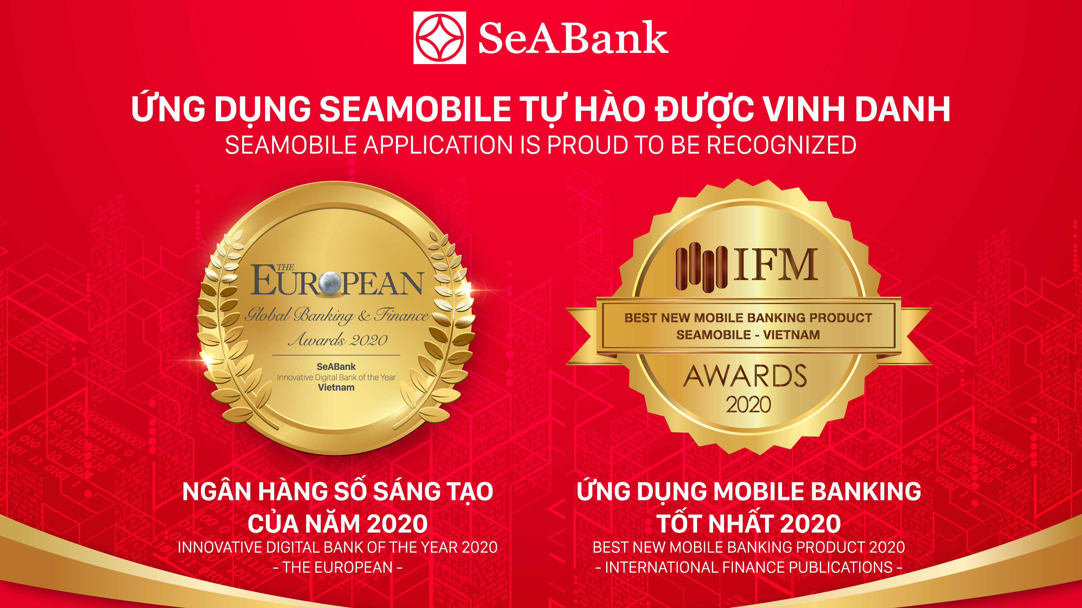 Ứng dụng ngân hàng số SeAMobile của SeABank, mã chứng khoán: SSB đã được các tổ chức quốc tế uy tín trên thế giới trao tặng giải thưởng “Ngân hàng số sáng tạo năm 2020” (The European) và “Ứng dụng Mobile Banking tốt nhất Việt Nam 2020” (International Finance Publications).