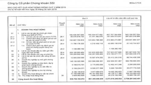 Môt phần báo cáo tài chính riêng quý 3/2019 của  SSI.